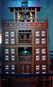 A scale model of Su Song's Astronomical Clock Tower, built in 11th-century Kaifeng, China. It was driven by a large waterwheel, chain drive, and escapement mechanism SuSongClock1.JPG