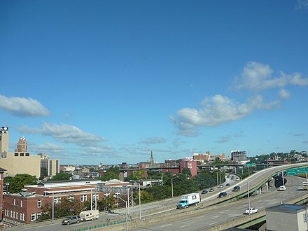 Interstate 81 (foreground) and Interstate 690 interchange in Downtown Syracuse