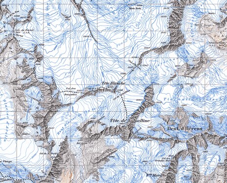 Tête Blanche auf der Landeskarte 1:50'000 von 1968. Seitdem hat die Firnkuppe der Tête Blanche deutlich an Höhe eingebüsst.