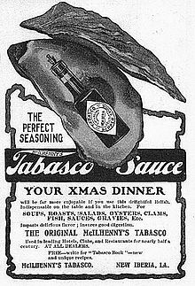 A Tabasco advertisement from c. 1905. Note the cork-top bottle and diamond logo label, which is similar to those in use today. Tabad(ca1905).jpg