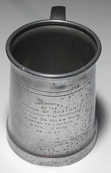 Pewter tankard awarded in 1947 to Bill Lockwood to recognise success in the Boston Rowing Marathon where four young men rowed 34 miles in 4 hs 11 m