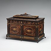 British tea chest; circa 1780; mahogany and satinwood veneer, parcel gilt and inset with marble; overall: 22.9 × 29.2 × 16.5 cm; Metropolitan Museum of Art (New York City)