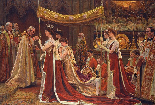 Pages of Honour carrying the train of Queen Alexandra during her anointing at the 1902 coronation of Edward VII, depicted in a painting by Laurits Tux