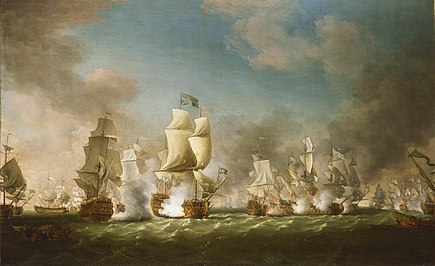 The Royal Navy destroys a Spanish fleet off Sicily, Cape Passaro, August 1718. The Battle of Cape Passaro.jpg