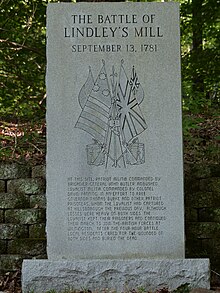 The primary memorial stone about five minutes' walk from present-day Lindley Mills.