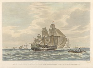 The H.C. Ship Bridgewater Capt J.R. Manderson, entering Madras Roads April 10th 1830 under Jury Masts, after the Gales of the 7th of March RMG PY8464.jpg