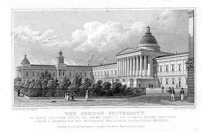 The London University (now the UCL Main Building) as imagined by Thomas Hosmer Shepherd in 1827–28, when construction was in progress. The portico and