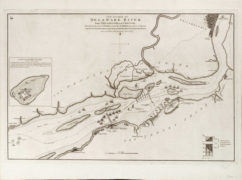 File:The course of Delaware River from Philadelphia to Chester, exhibiting the several works erected by the rebels to defend its passage, with the attacks made upon them by His Majesty's land and sea forces. RMG F0189.tiff