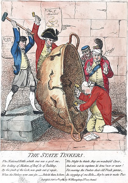 In The State Tinkers (1780), James Gillray caricatured Sandwich (on left) and his political allies in the North government as incompetent tinkers.