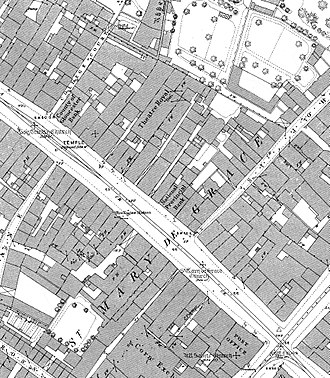 Location of the Theatre Royal Gloucester (centre) on an 1880s Ordnance Survey map. Theatre Royal Gloucester Ordnance Survey map 1880s.jpg