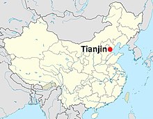 Landakort sem sýnir legu borghéraðsins Tianjin á austurströnd Norður-Kína.