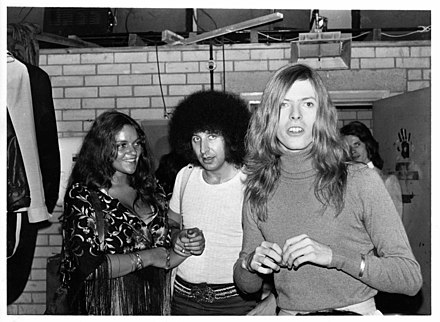 Left to right: Dana Gillespie, Tony Defries and David Bowie at Andy Warhol's Pork at London's Roundhouse in 1971.