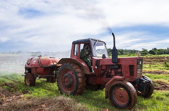 Tractor with fumigation equipment.