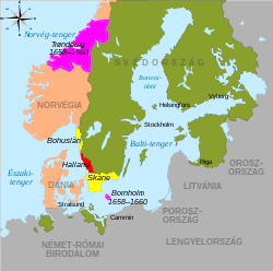   Halland: az 1645-ös brömsebro-i békében Svédország kapta 30 évre, most végleg Svédországé   Dánia skånei birtokai és Bohuslän: Svédországhoz   Trøndelag és Bornholm: Svédországhoz (de 1660-ban a koppenhágai békében visszakerülnek Dániához )