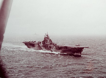 Intrepid launching an aircraft during the Battle of Leyte Gulf