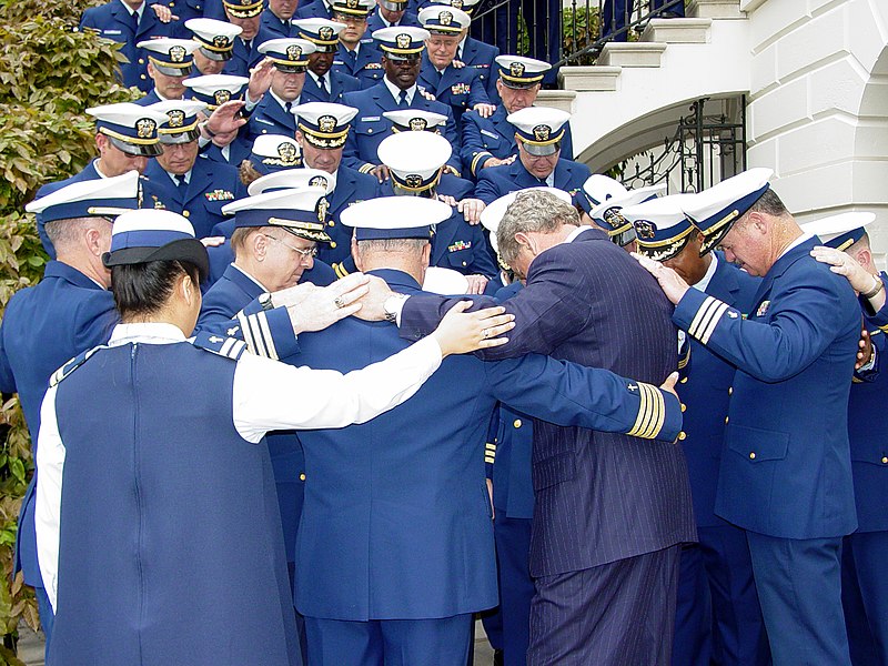 File:US Navy 030509-N-0921B-002 Fifty-two Navy Chaplains serving in the U.S. Coast Guard lifted the spirit of President George W. Bush during their historic visit with their commander-in-chief on the White House South Lawn.jpg