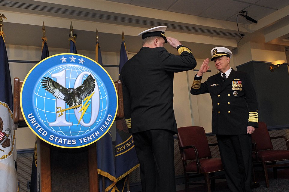 Chief of Naval Operations (CNO) Adm. Gary Roughead salutes Vice Adm. Barry McCullough, commander of U.S. Fleet Cyber Command and U.S. 10th Fleet at the commissioning ceremony for U.S. Fleet Cyber Command 29 Jan. 2010.