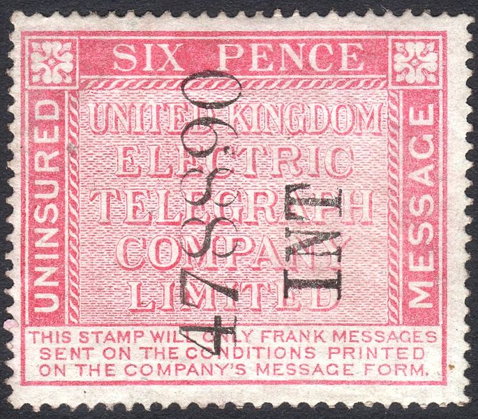 File:United Kingdom Electric Telegraph Company Limited 6d uninsured message stamp c. 1865.jpg