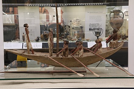 Ancient Egyptian funerary boat on display at the Ure Museum from the "Tomb of the Officials" at Beni Hassan (12th Dynasty, c. 19th century BCE)