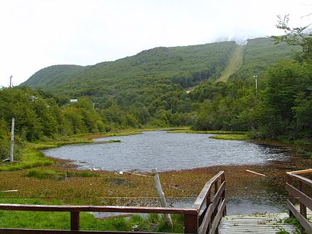 Laguna del Diablo, a small bog in the middle of the city, in the background the Club Andino, a ski club