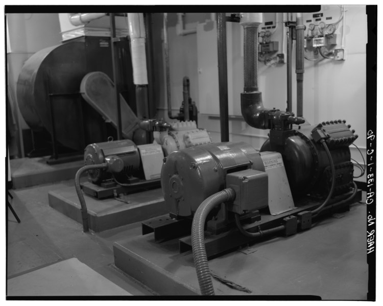 File:VIEW OF WEST WALL OF MECHANICAL EQUIPMENT ROOM (101), LSB (BLDG. 770). FEATURES LEFT TO RIGHT- EXHAUST FAN, TWO OF THREE COMPRESSORS FOR REFRIGERANT COOLING. - Vandenberg Air HAER CAL,42-LOMP,1C-90.tif