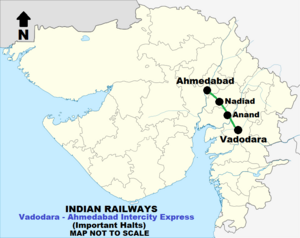Вадодара - Ахмедабад Междуградски експресен маршрут Map.png