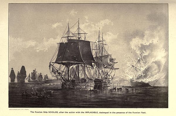 The Russian ship Vsevolod burning, after the action with the Implacable and Centaur, destroyed in the presence of the Russian Fleet near Rogerwick bay