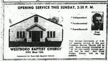 Advertisement for opening service of Westboro Baptist Church, Topeka Capital, 1955 WestboroBaptistChurch Opening.png