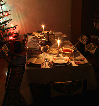 Holiday celebrations may be passed down as traditions, as is the case with this distinctly Polish Christmas meal, decor with Christmas tree, a tradition since the late eighteenth and early nineteenth century