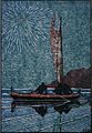 'Canoe and Fireworks', woodblock print by Arman Manookian, 6 x 4.25 in.jpg