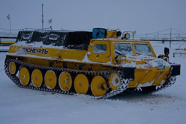 A Russian tracked vehicle designed to operate on snow and swamps