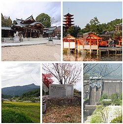 Вверху: Храм Хаятани, Храм Ицукусима, Внизу: Мовнт Аки Канмури, Мемориальный источник на курорте Юхама, плотина реки Озе (все элементы слева направо)