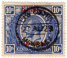 A Kenyan Judicial stamp used at Mombasa in 1929. 10s Judicial revenue stamp of Kenya, Uganda & Tanganyika.jpg