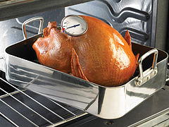Oven-safe probe thermometer inserted into a turkey