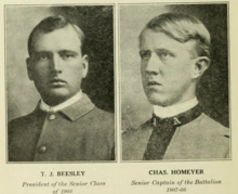 1908 class president T.J. Beesley and newspaper editor Chas. Homeyer, Texas A&M. From the book The history of the A. & M. college trouble, 1908 by The Battalion's local editor Paul D. Casey. 1908 class president and newspaper editor, Texas A&M.png