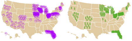 These maps show the amount of attention given by the campaigns to the close states. At left, each waving hand represents a visit from a presidential or vice-presidential candidate during the final five weeks. At right, each dollar sign represents one million dollars spent on TV advertising by the campaigns during the same time period. 2004CampaignAttention.png