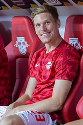 Halstenberg pictured on the substitute bench during a UEFA Europa League match against Red Bull Salzburg in September 2018. 20180920 Fussball, UEFA Europa League, RB Leipzig - FC Salzburg by Stepro StP 7940.jpg