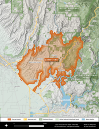 The footprint of the Camp Fire, which burned from the Feather River Canyon to the floor of the Central Valley and Highway 99