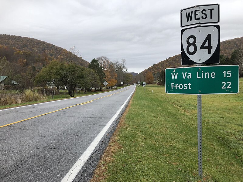 File:2019-10-26 11 37 25 View west along Virginia State Route 84 (Mill Gap Road) just west of U.S. Route 220 (Jackson River Road) in Vanderpool, Highland County, Virginia.jpg