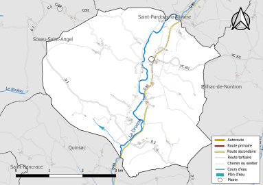 Carte en couleur présentant le réseau hydrographique de la commune