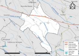 Carte en couleur présentant le réseau hydrographique de la commune