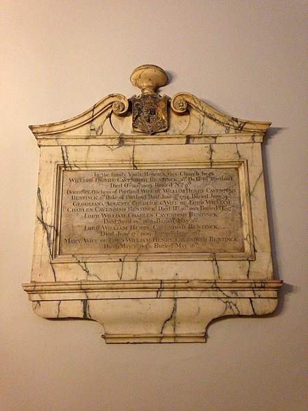 Memorial to the 3rd Duke of Portland at the family vault in St Marylebone Parish Church