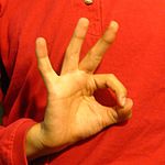 The "9" handshape produced with the the palm facing the camera