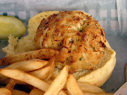 Crab cake, popular in Maryland, Delaware and New Jersey, is often served on a roll.