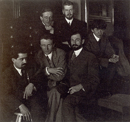 Front row, left to right: Jo Davidson, Edward Steichen, Arthur B. Carles, John Marin; back row: Marsden Hartley, Laurence Fellows, c. 1911, Bates College Museum of Art