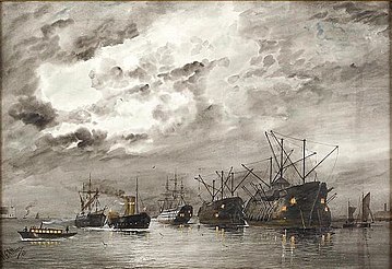 Une flotte de navires et de hulks au port de Portsmouth 