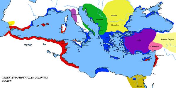 Map of Phoenician (red) and Greek colonies (blue) at about 550 BCE
