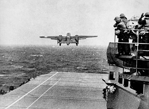 A B-25 Mitchell taking off from USS Hornet for the raid