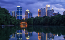 The skyline of Midtown (viewed from Piedmont Park) emerged with the construction of modernist Colony Square in 1972. Atlanta Skyline - Piedmont Park.png