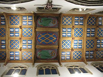 Ceiling showing coats of arms of the See of Durham (Azure, a cross or between four lions rampant argent) and of Bishop John Cosin (Azure, a fret or), Chapel, Auckland Castle Auckland Castle chapel, ceiling - geograph.org.uk - 981913.jpg